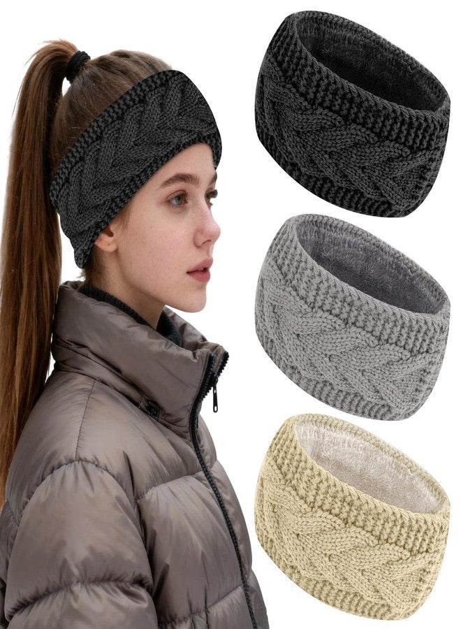 KIUEZIR 3PCS Winter Knit Headbands for Women Girls, Fleece Lined Ear Warmer Soft Thick Head Bands for Cold Weather, Styllish Winter Hair Accessories - Image 1